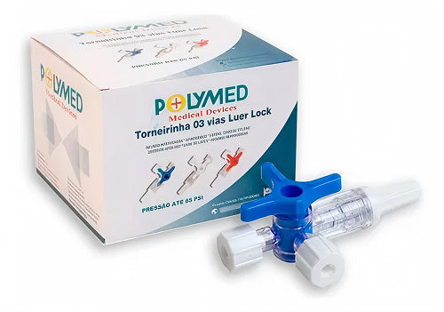 Torneira 3 Vias Azul Luer Lock Polymed Cx C/50un