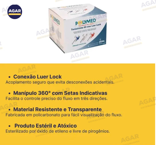 Torneira 3 Vias Azul Luer Lock Polymed Cx C/50un