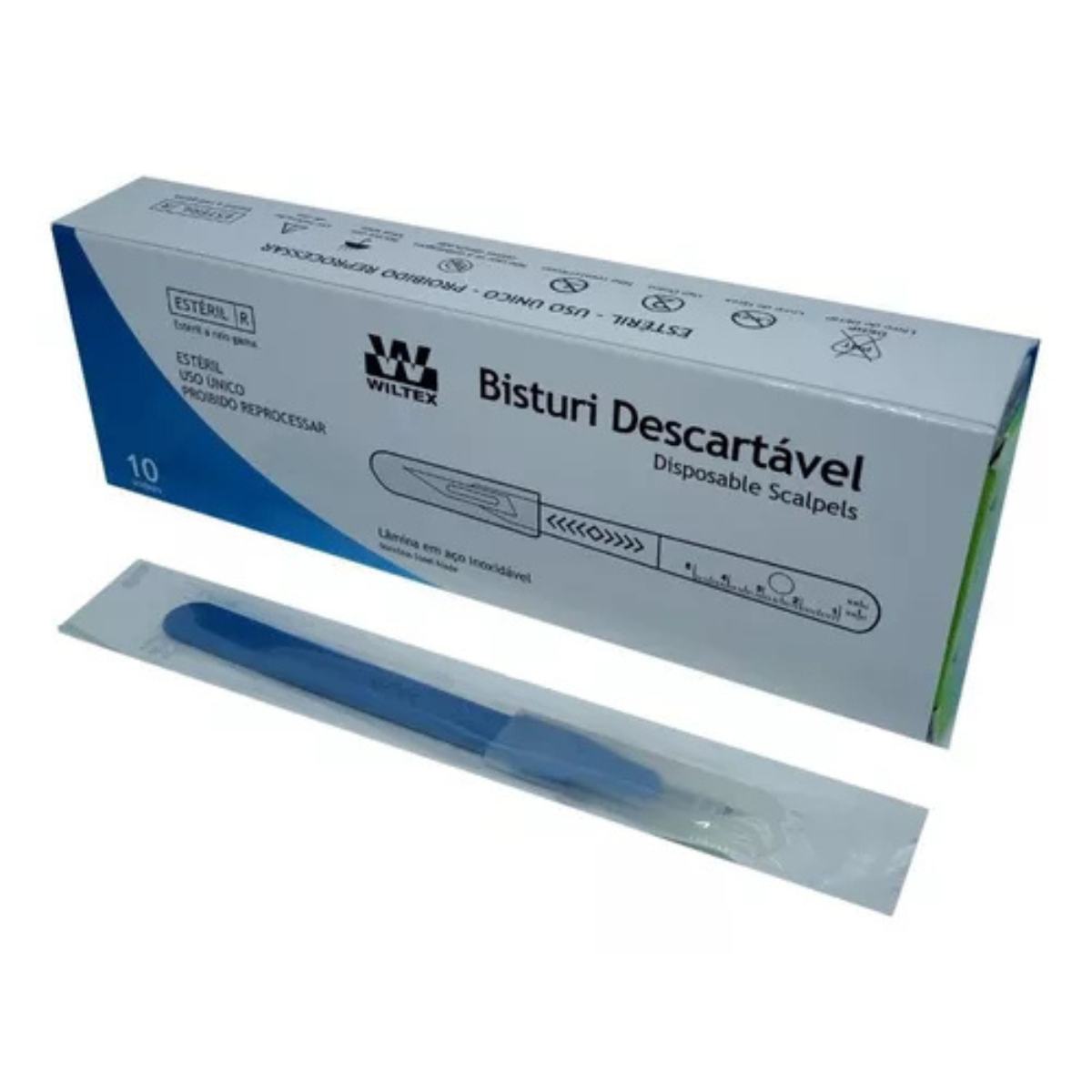 Bisturi Descartável Estéril C/ Cabo e Lâmina Aço Inox 10 Un