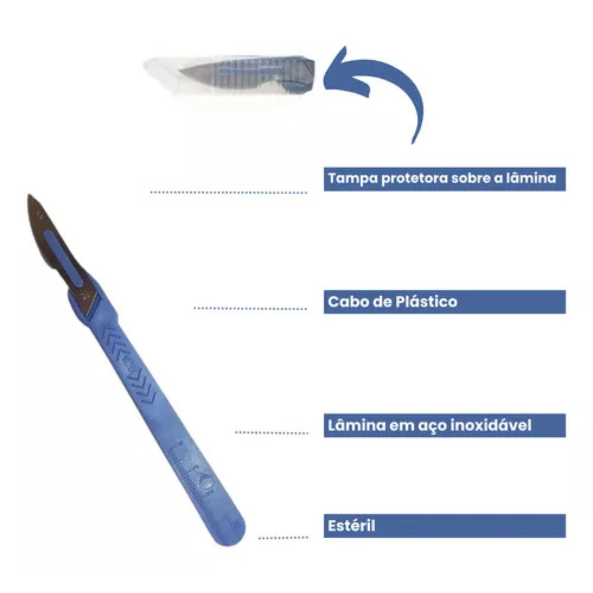Bisturi Descartável Estéril C/ Cabo e Lâmina Aço Inox 10 Un